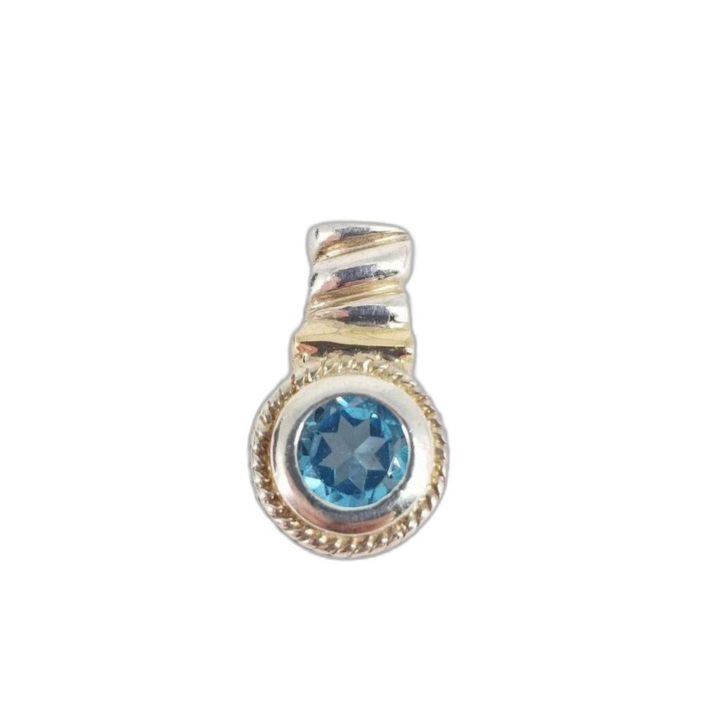 Sterling Silver and 14K Gold Round Cut Blue Topaz Pendant 3.1g